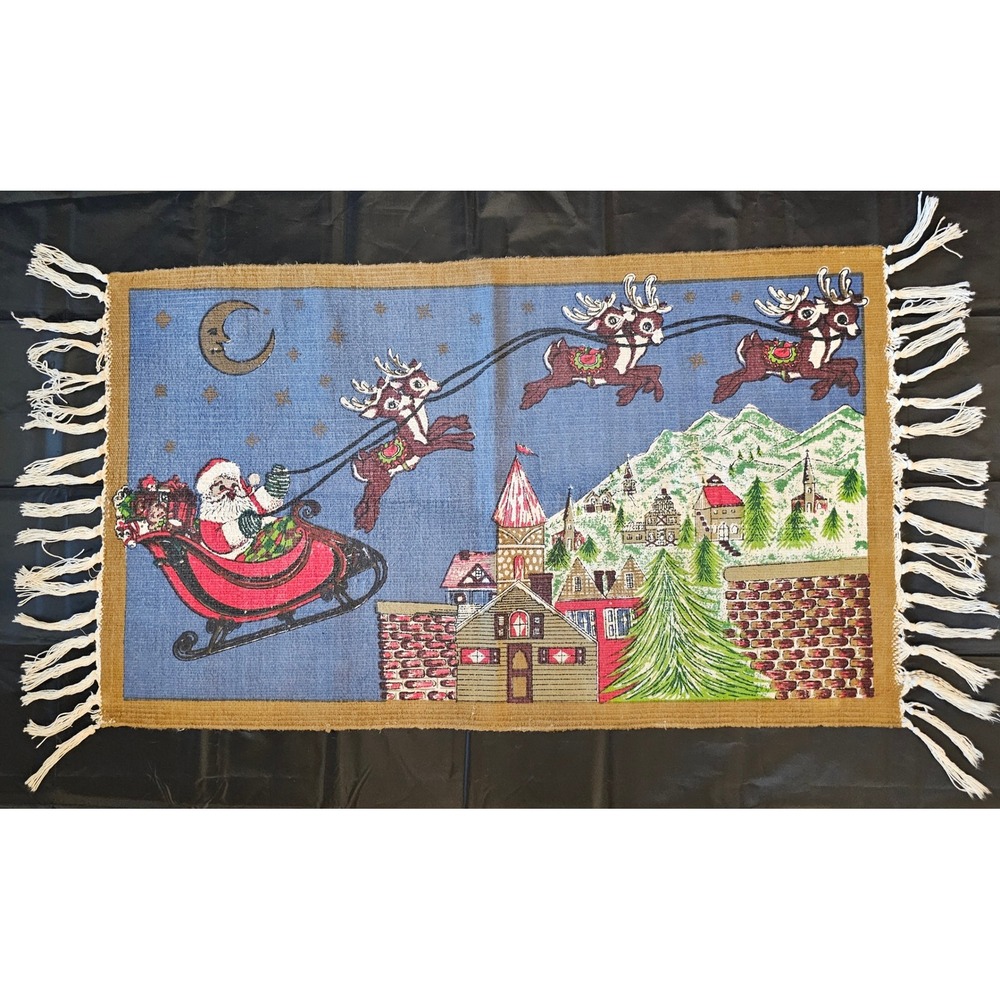 Vintage 1994 Hayim Co Santa's Sleigh Woven Cotton Rug 22x42 Fringed Christmas